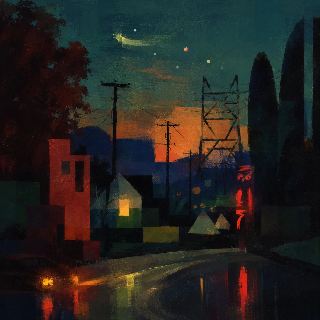 Drifting Through the Power Lines Tonight  (2026) — Mixed media work