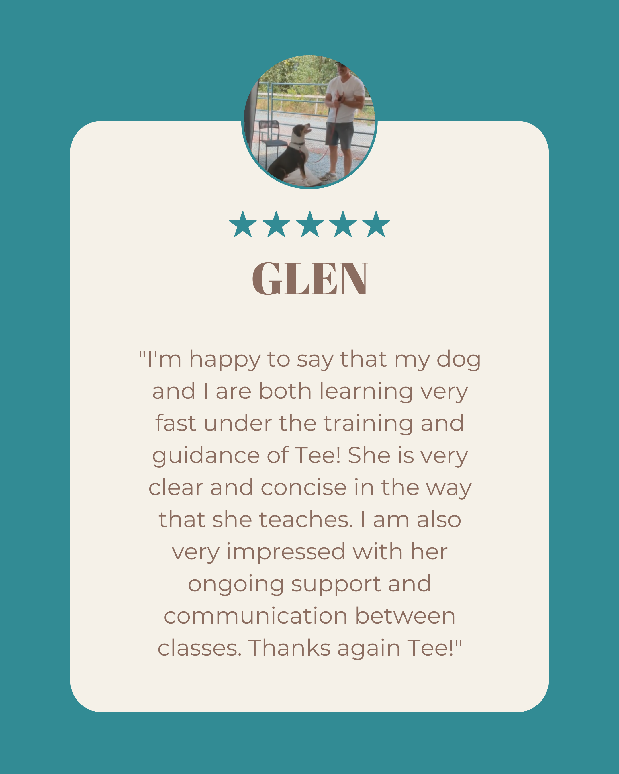 Testimonial card with photo of a person and dog at a training facility, five-star rating, and positive feedback about a dog training service.