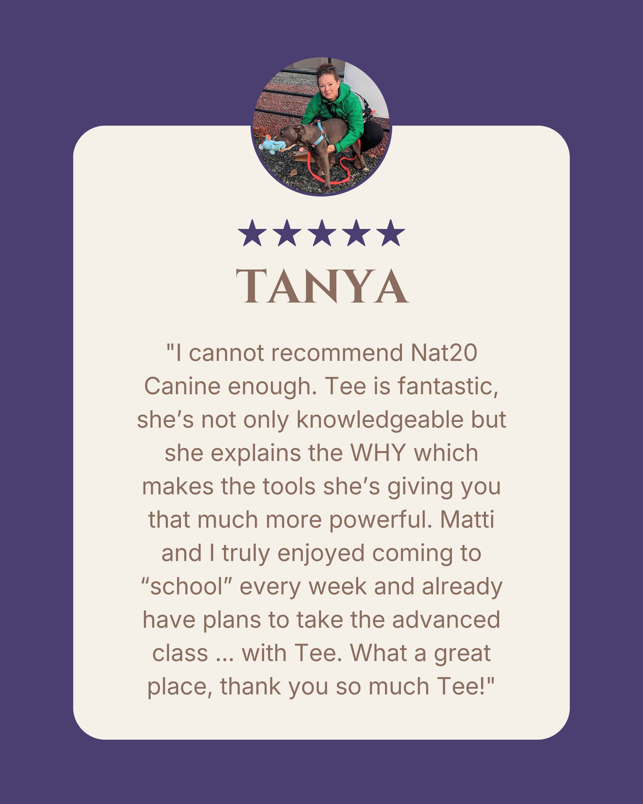 Customer review for a dog training service, with a photo of a woman with her dog, five stars, and testimonials about the trainer named Tee.
