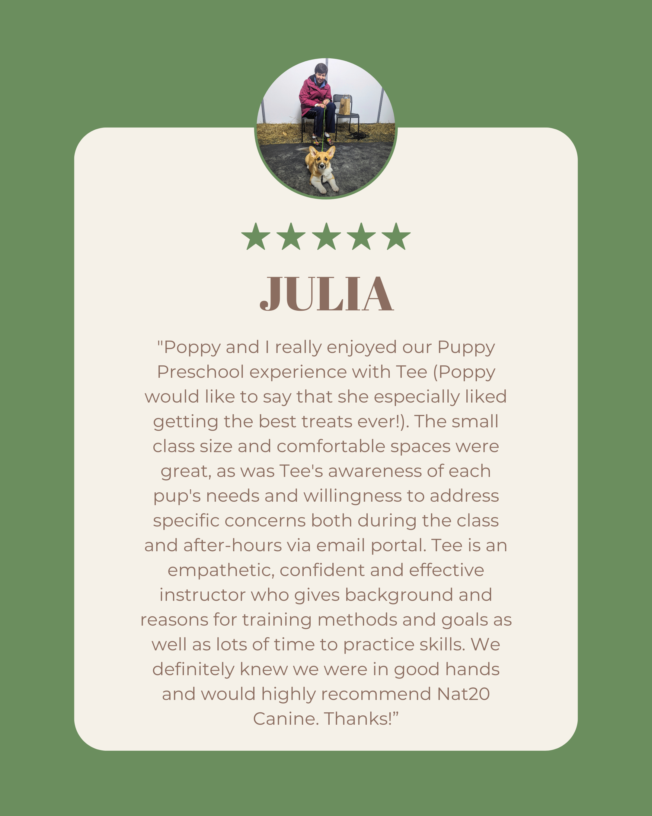 Paw-fect customer testimonial for Julia, a puppy trainer, featuring a photo of a woman sitting with her dog, Panda, on a green background.