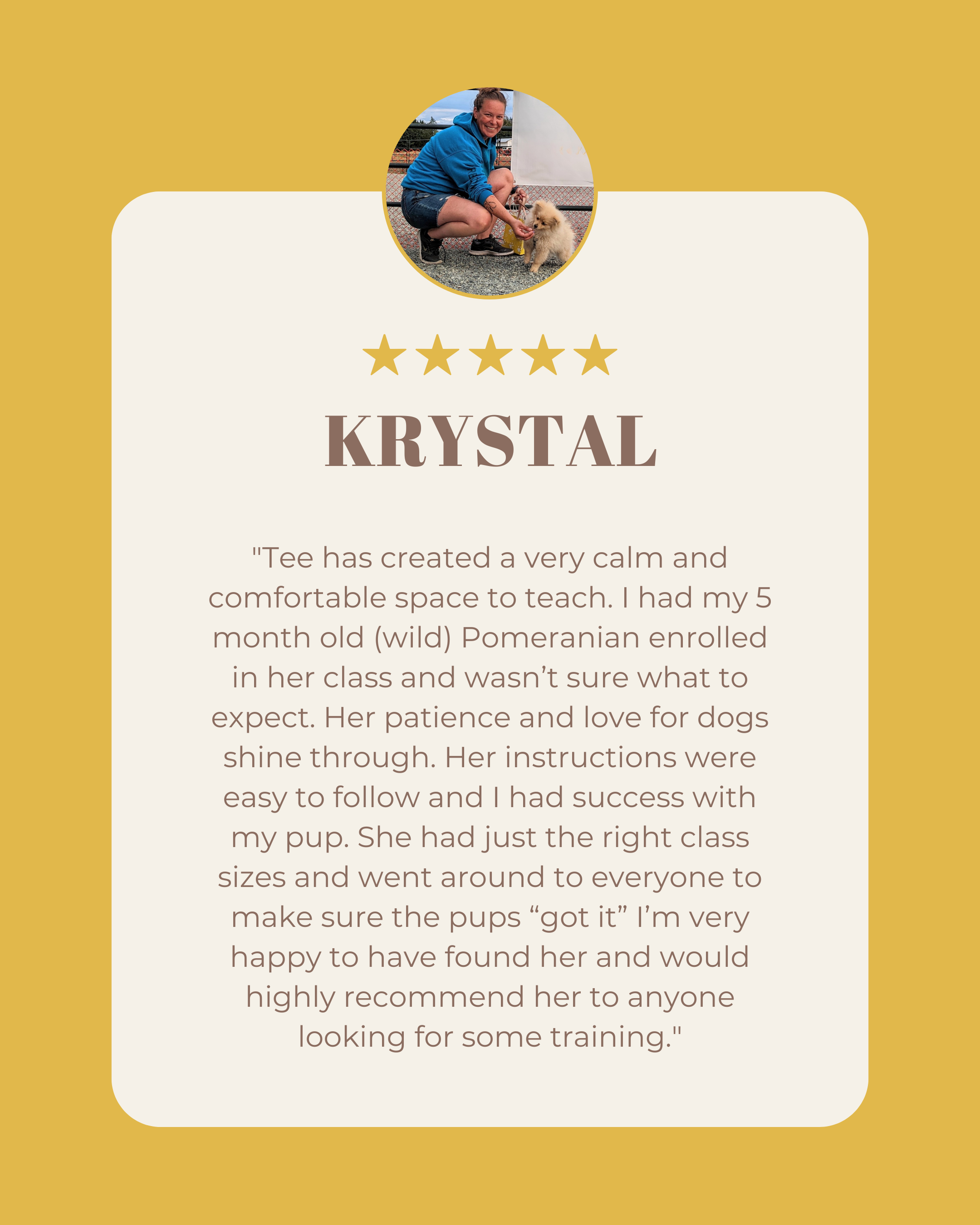Customer review card with a photo of a woman crouching with a dog, five gold stars, and a testimonial praising Krystal's training services.