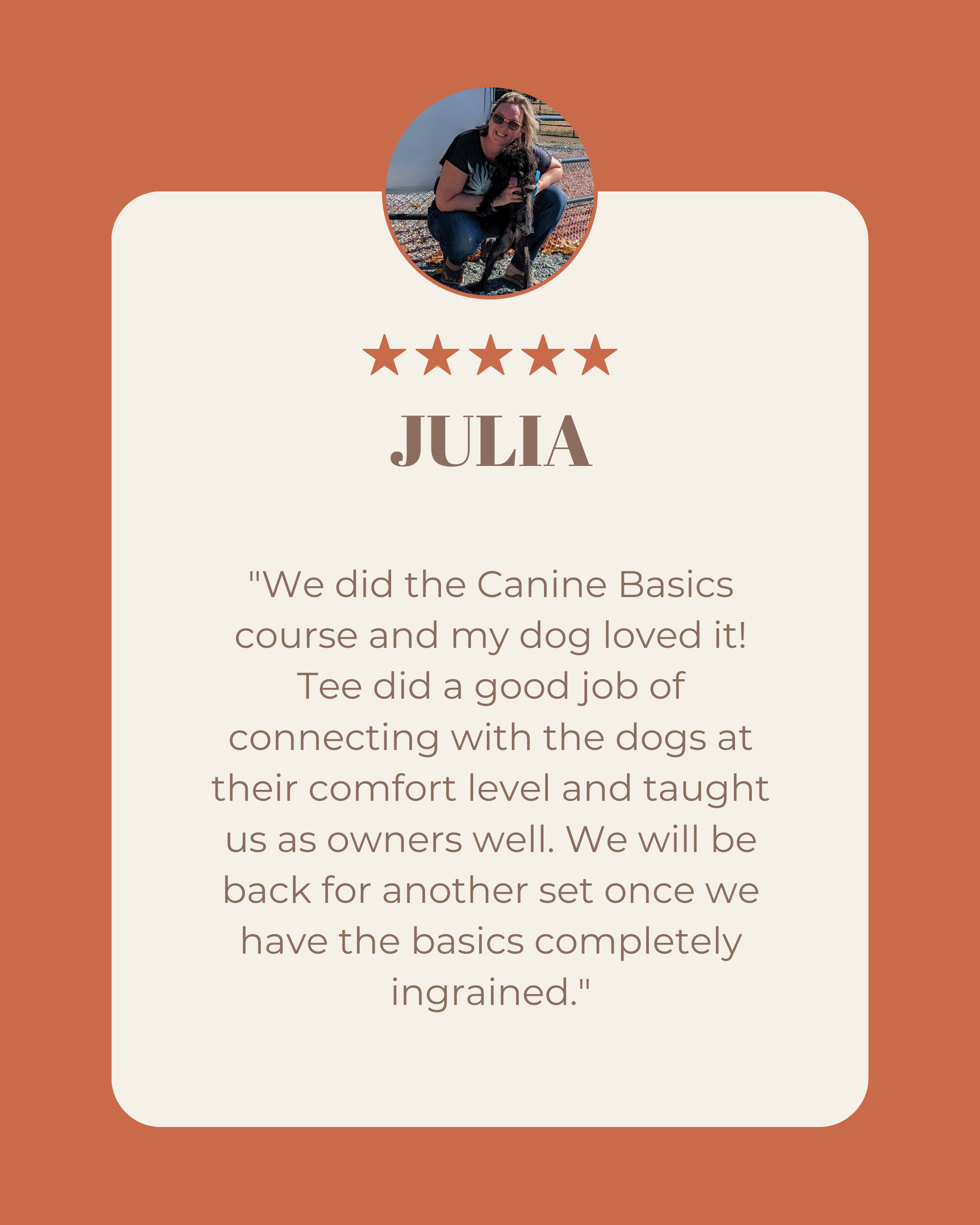 Testimonial card with a photo of a woman with a dog, five stars, the name Julia, and a quote about a dog training course.