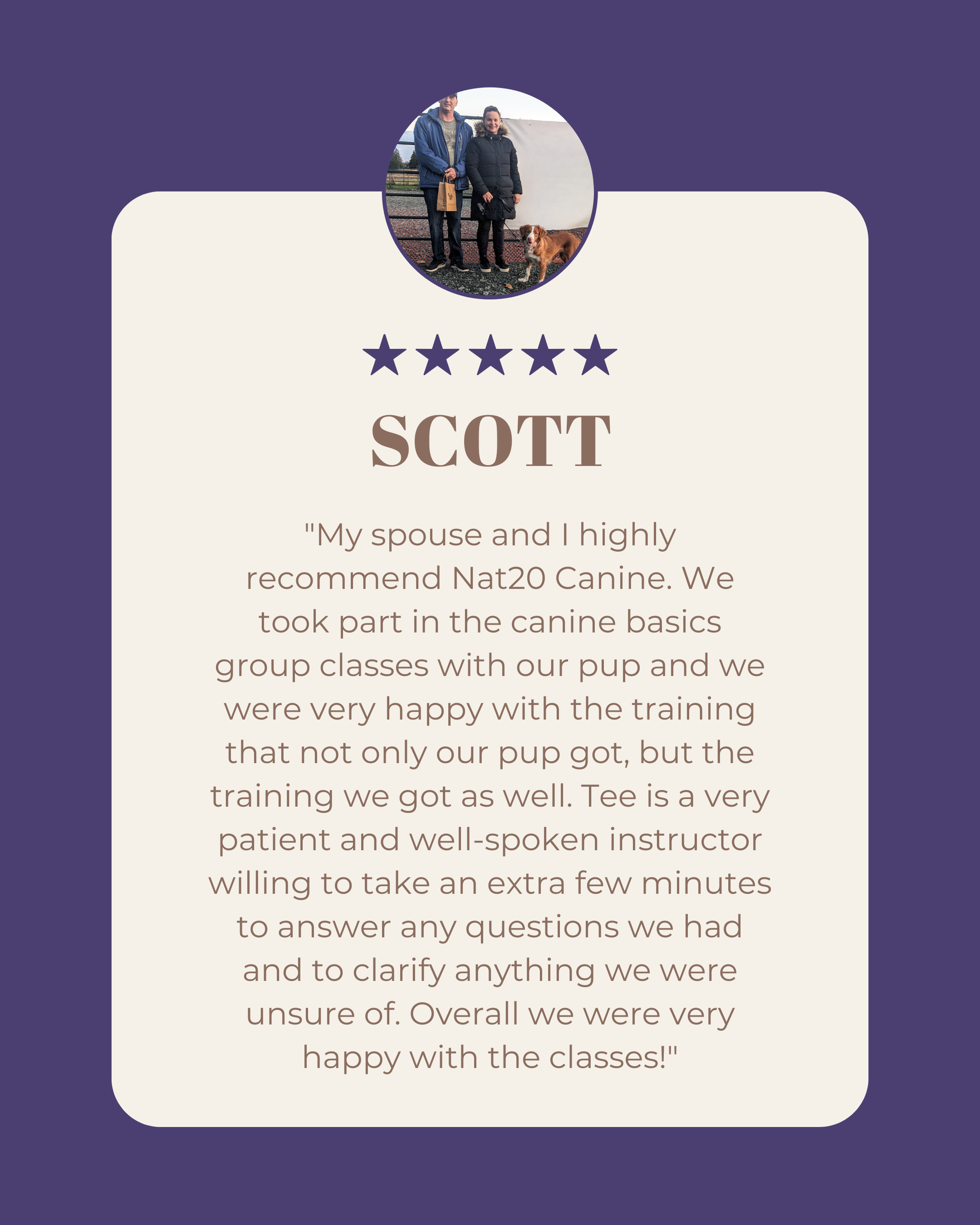 Testimonial card with a circular photo of a man, woman, and dog at a dog training facility. The card includes a five-star rating, the name "Scott," and a detailed review praising Nat20 Canine's training classes.