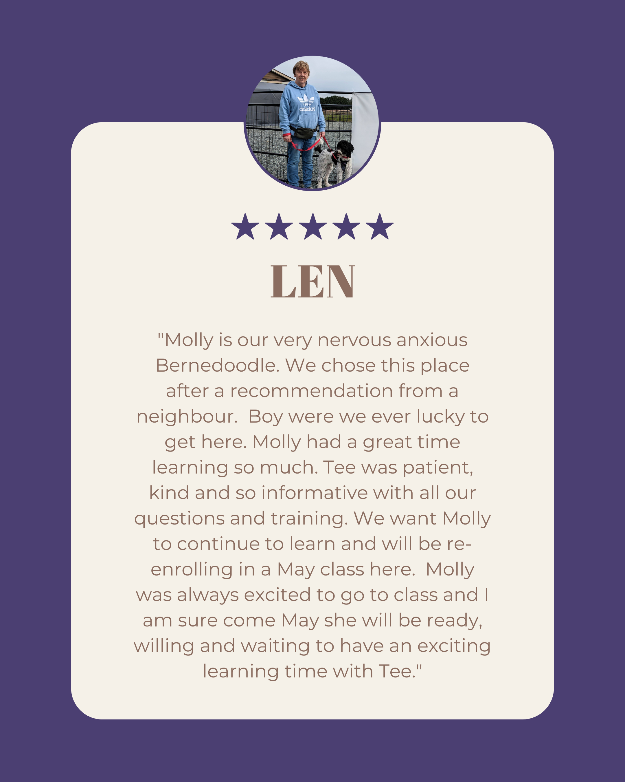A testimonial card with a photo of a woman with two dogs at a kennel, followed by a five-star rating, the name 'Len', and a written testimonial about a dog named Molly learning and training.