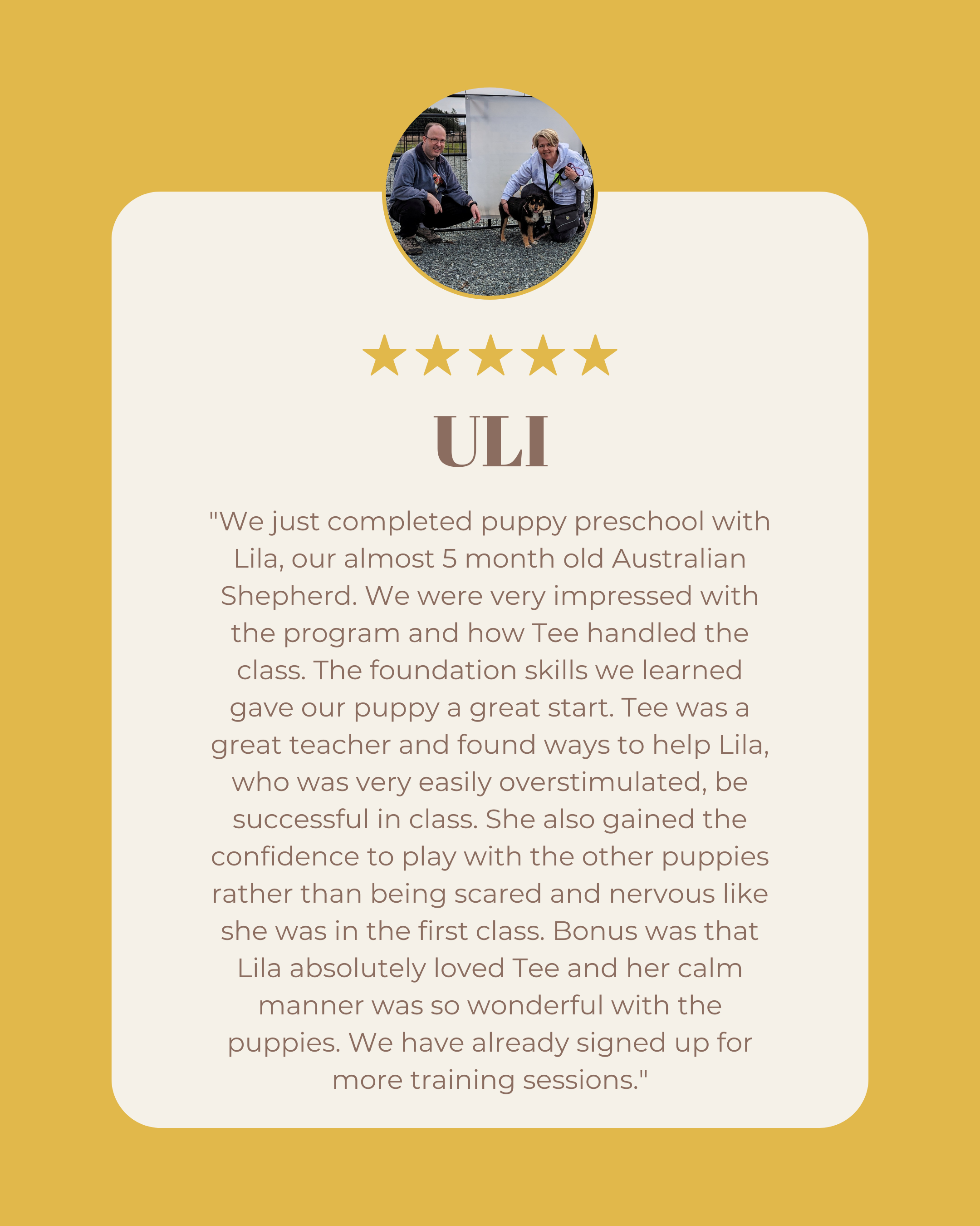 Photo of a man and woman with a puppy inside a circular frame at the top of a testimonial card with a gold background. The testimonial praises a puppy training program.