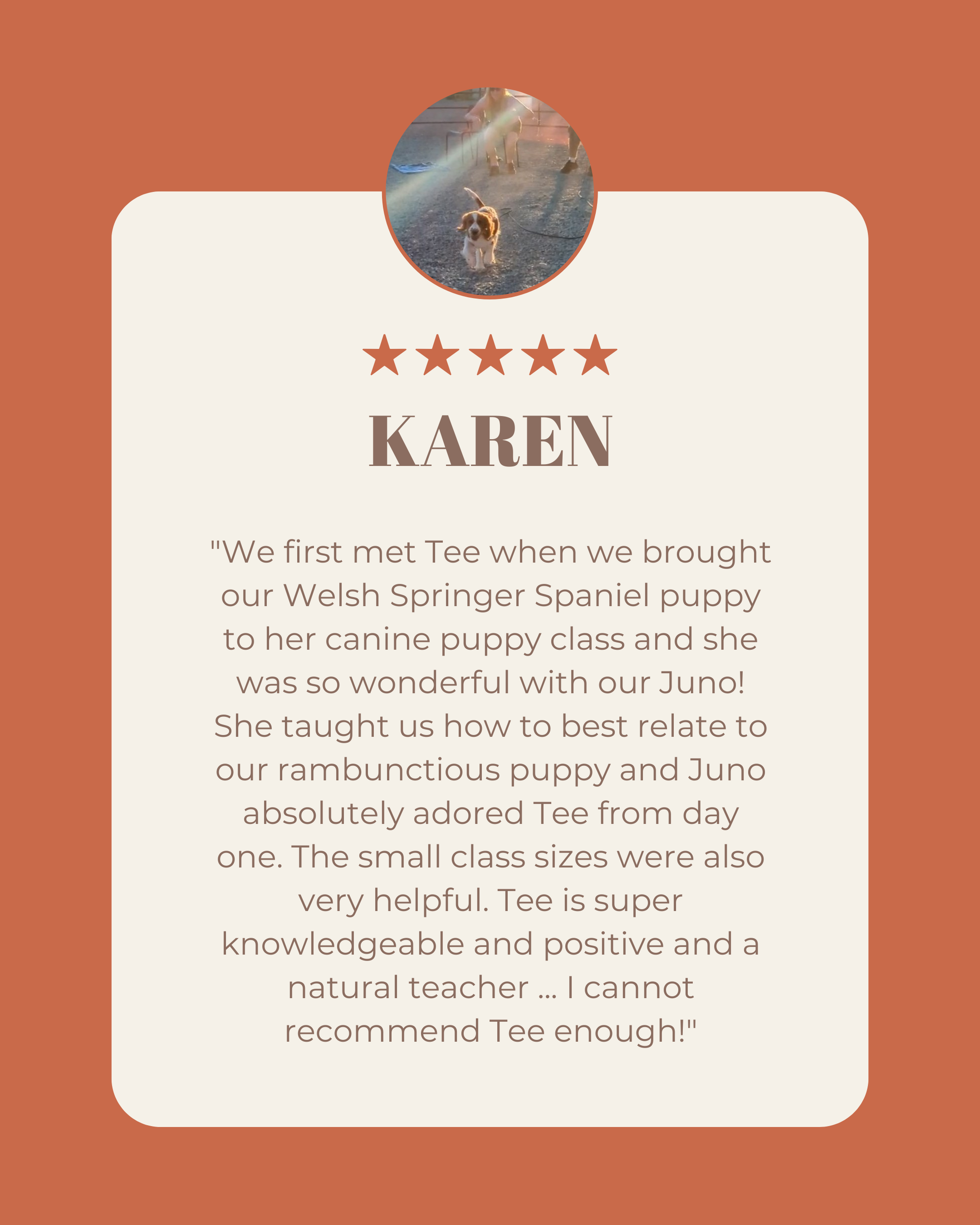 A customer review card with a small circular photo of a dog at the top, a five-star rating, and a testimonial about a puppy named Tee and her owner Karen.