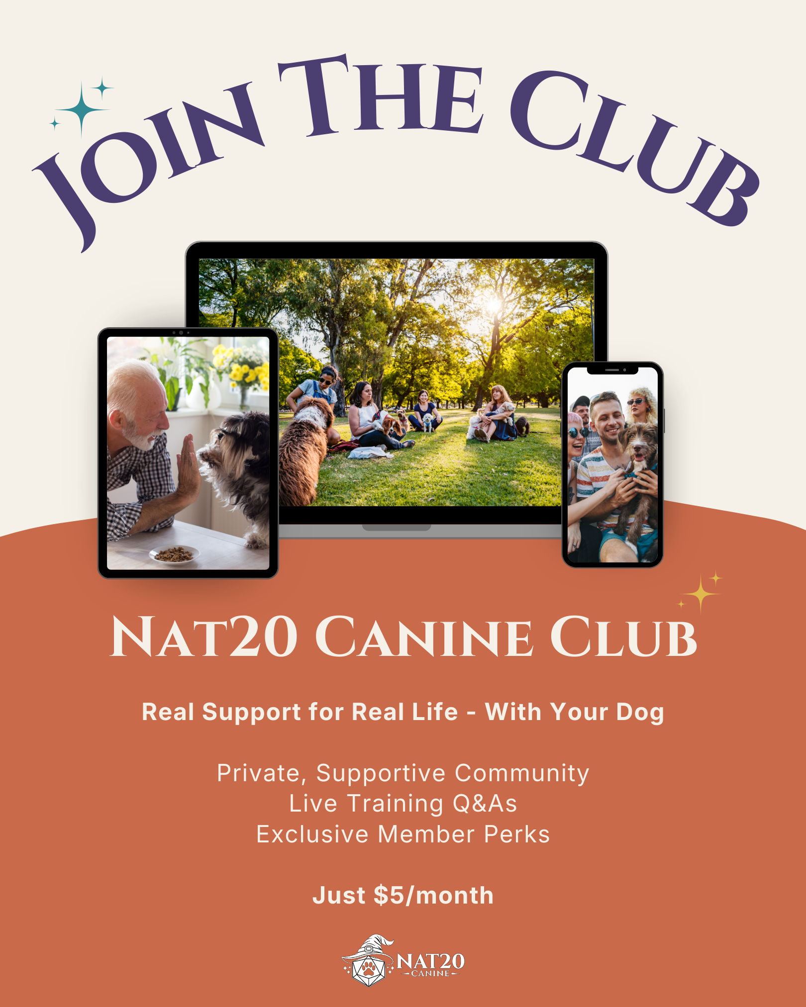 Flyer for NAT20 Canine Club featuring images of people with dogs on electronic devices and outdoors in a park, promoting support and training programs for dog owners.