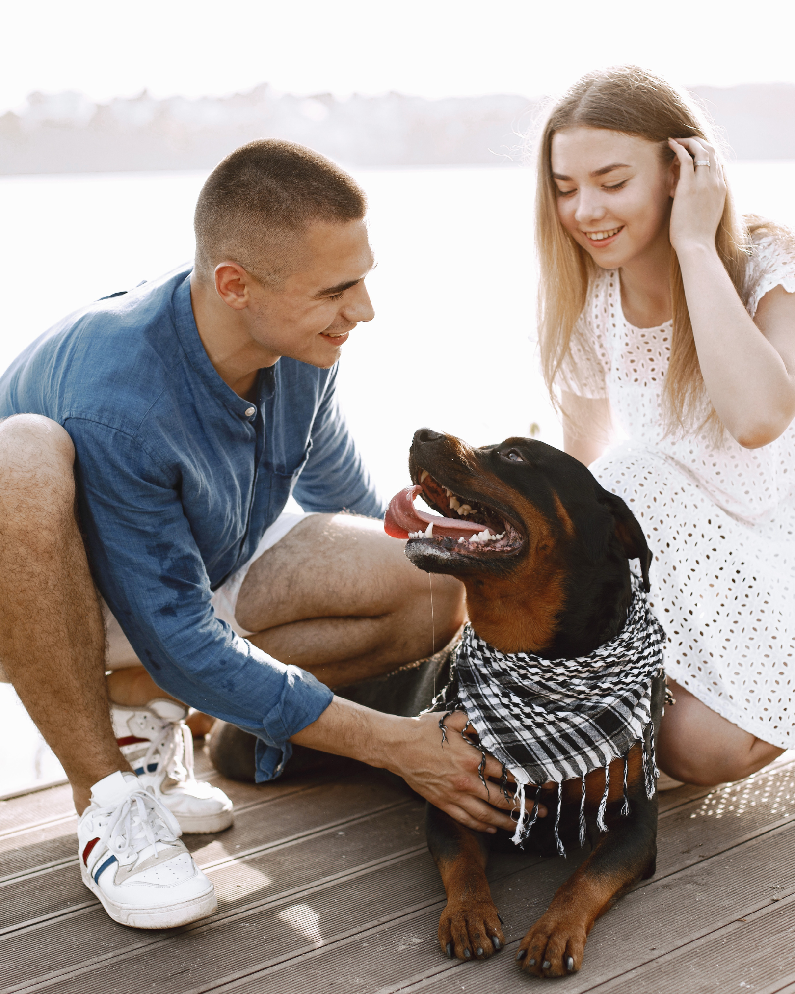 A young couple petting their Rottweiler dog on a wooden dock near a body of water, enjoying a sunny day.