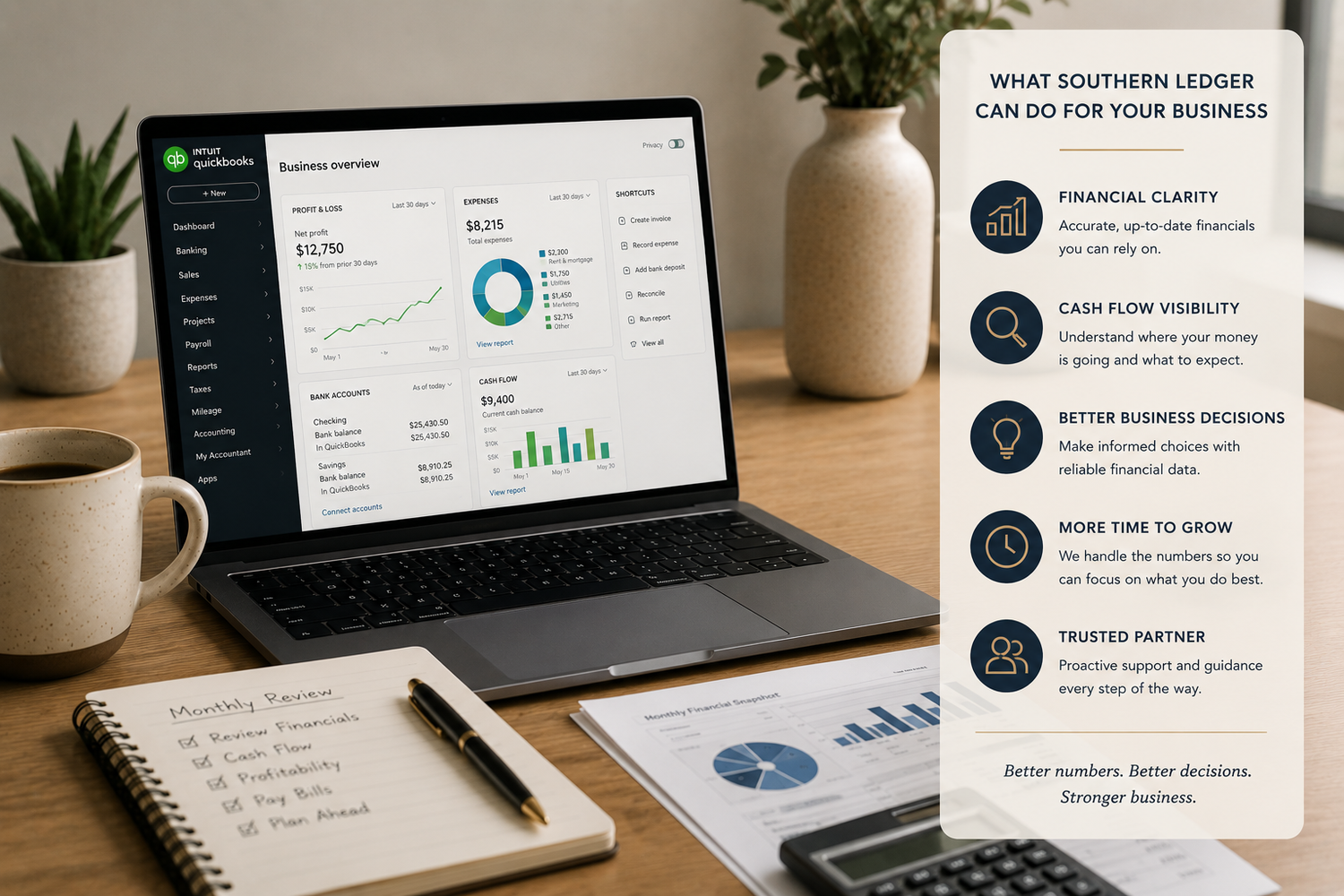 Established business owner reviewing clear monthly financial reports