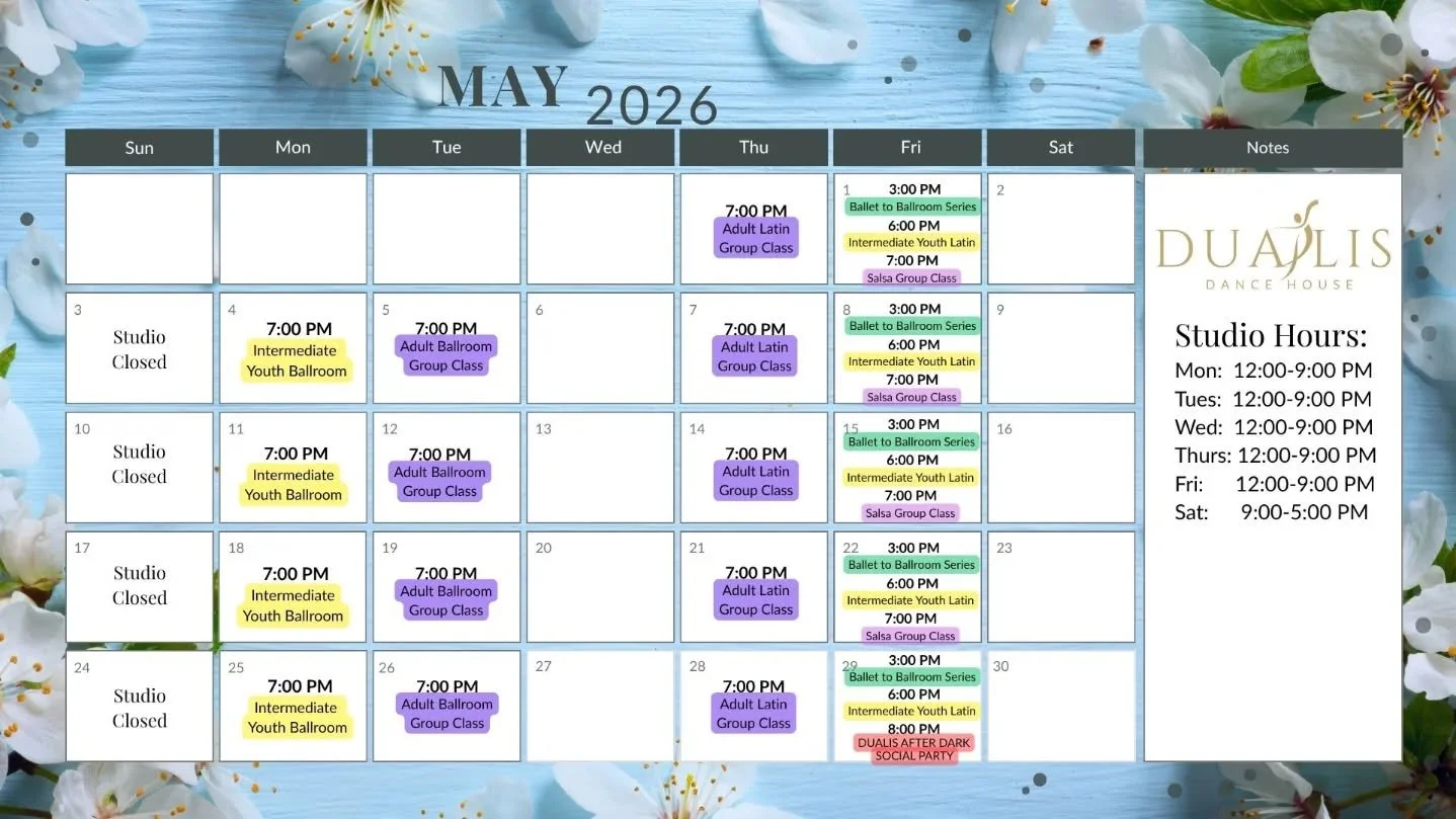 Mark your calendars! We have a month full of great classes and a PARTY on the last Friday!! 🥳🥂