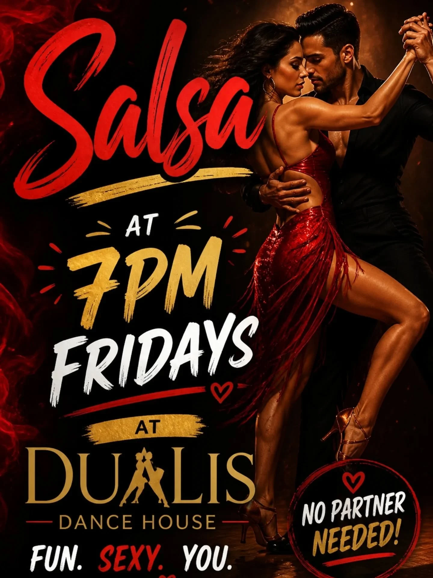 SALSA AT 7! Join us Fridays in May for our group Salsa class. We'll bring the heat 🔥 No partner necessary! 💃🏼🕺🏼