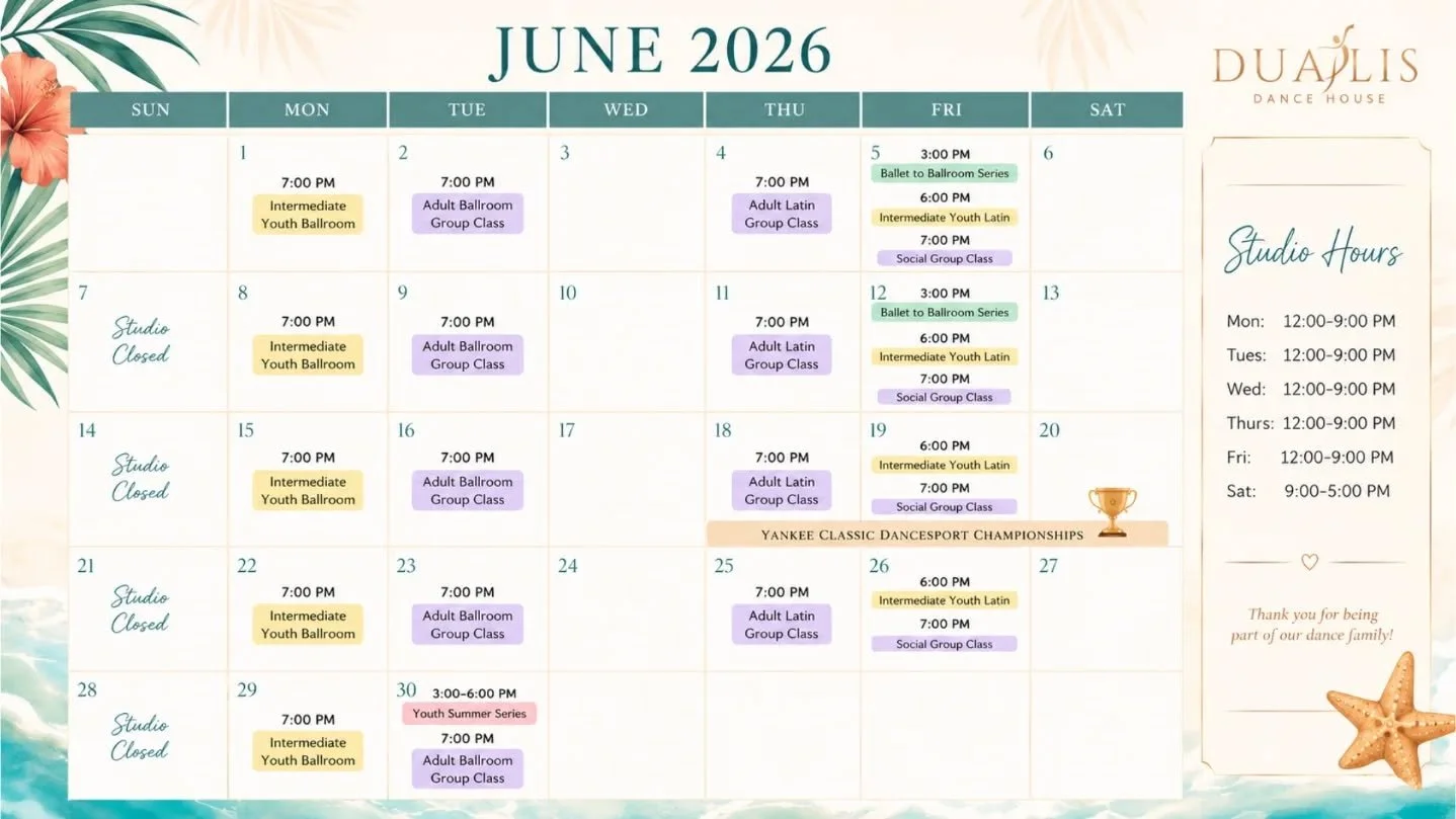 June is here! ☀️

New classes, social dancing, and plenty of opportunities to learn, connect, and have fun on the dance floor! Check out our June schedule and join us this month at Dualis Dance House!

✨ Beginners welcome
✨ No partner needed
✨ Ballro