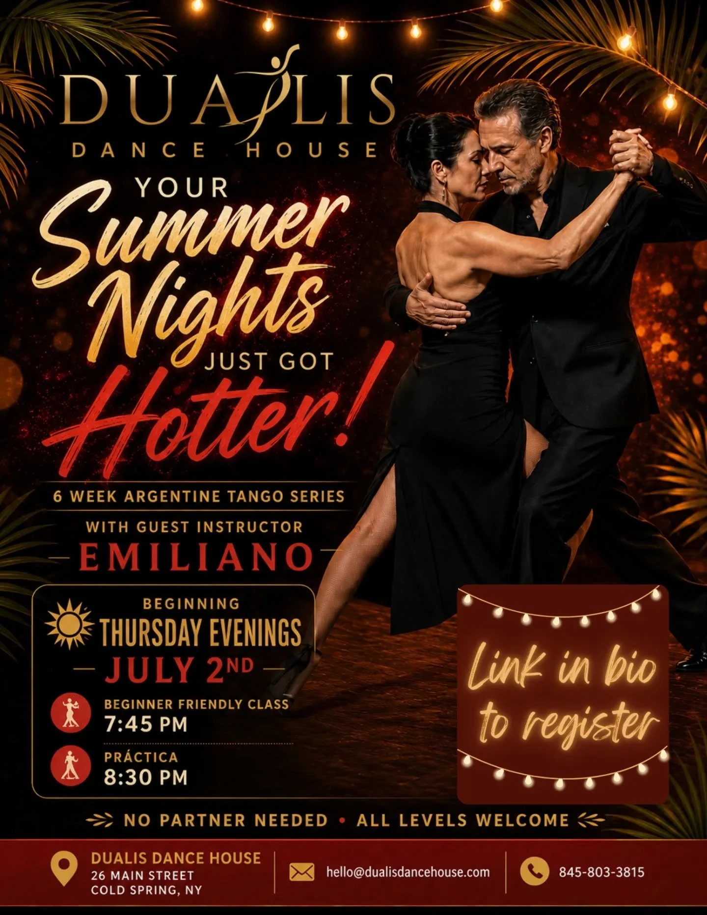 ❤️&zwj;🔥 SOMETHING NEW IS COMING TO DUALIS ❤️&zwj;🔥

Argentine Tango has arrived!

For 6 weeks only, guest instructor Emiliano will guide you through the dance that has captivated dancers around the world with its passion, connection, and elegance.