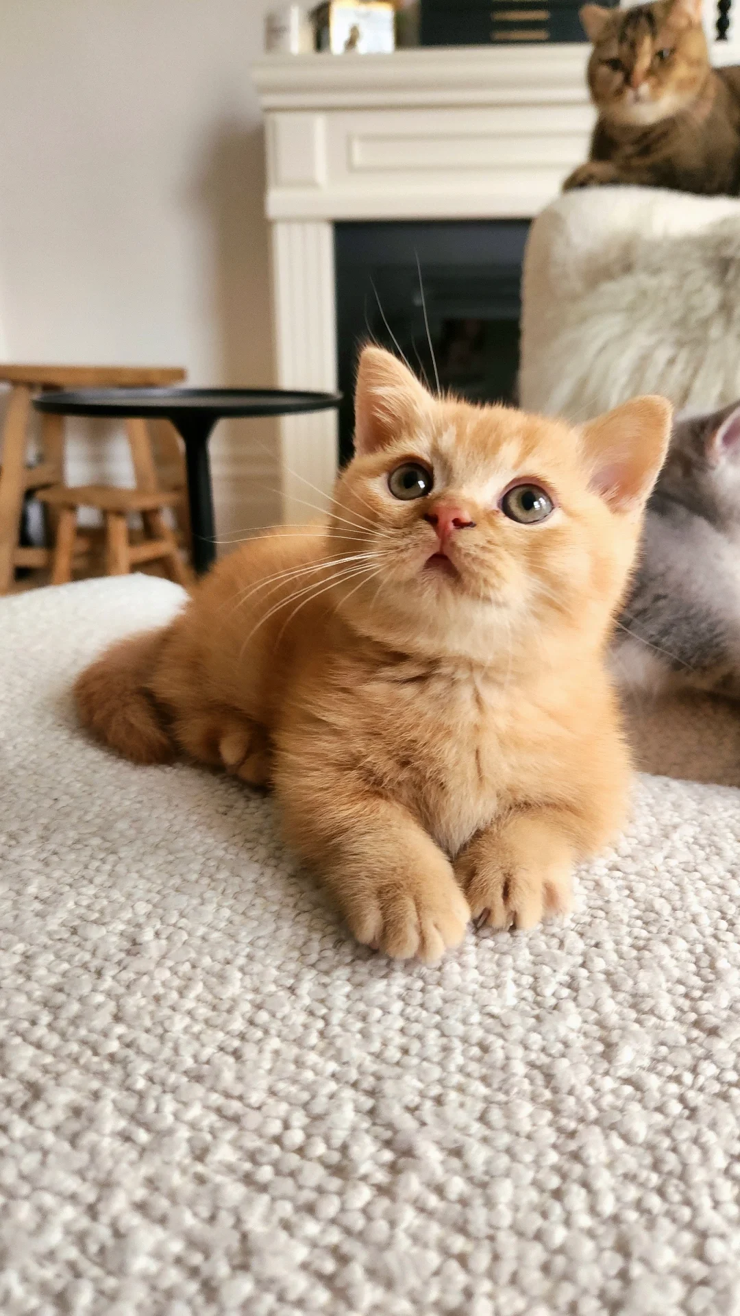 A small orange kitten lying on a light-colored textured surface, looking upward with wide eyes. In the background, a larger tabby cat is perched on a piece of furniture, and a gray cat is partially visible nearby.