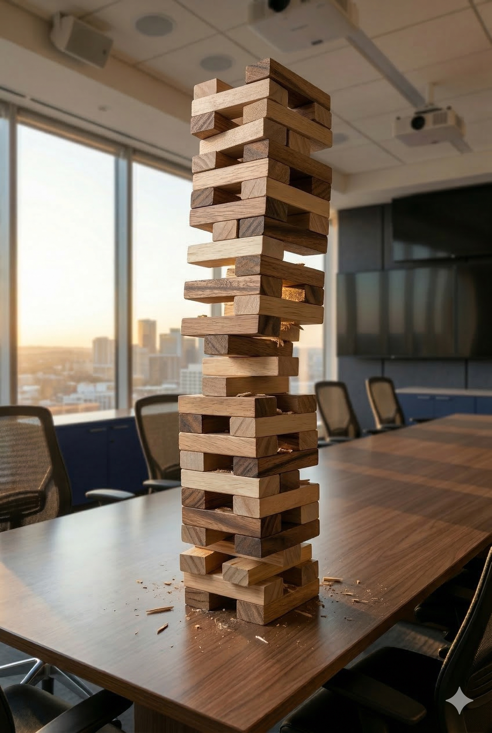 Jenga tower on verge of collapse
