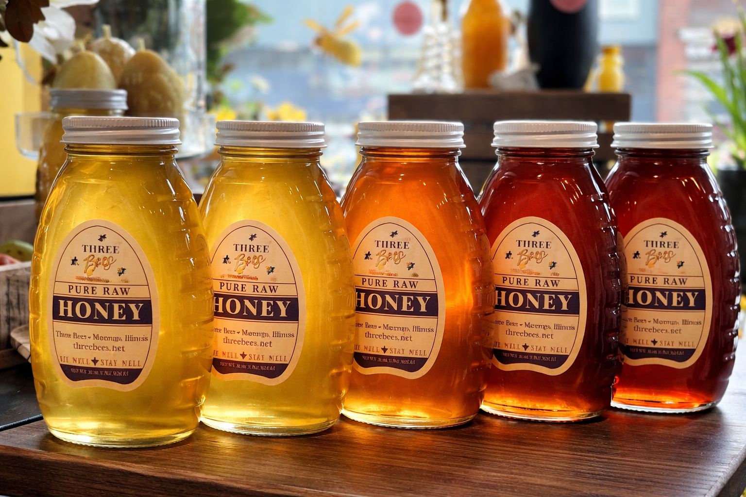 Five jars of honey on a wooden surface, with the first two jars filled with light yellow honey and the remaining three with darker honey, all with white lids and labels that read 'Three Bee Pure Raw Honey'.