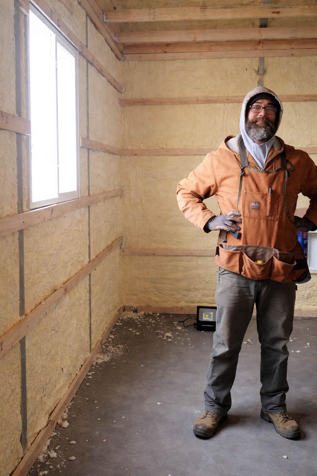 A man with a beard and glasses standing inside a room under construction, wearing work clothes, gloves, and a tool belt, with insulation on the walls and a window to the left.