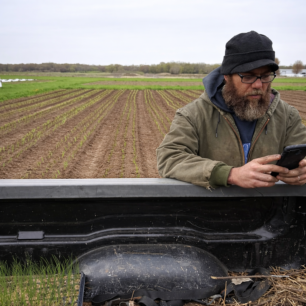 A man with glasses, a beard, and a black beanie wearing a green jacket is looking at his phone while standing behind a tractor in a farming field with young crop plants.