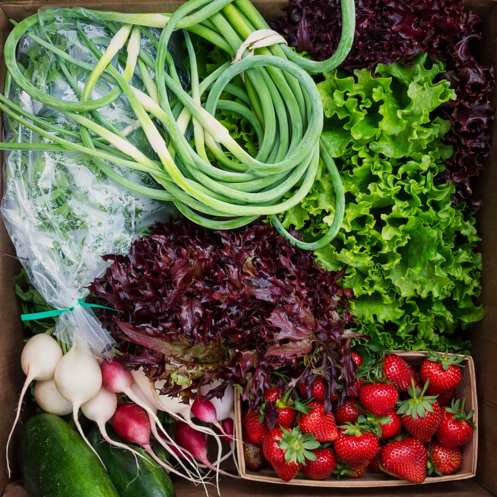 Fresh vegetables and strawberries in a box, including green onions, radishes, lettuce, strawberries, and a cucumber.