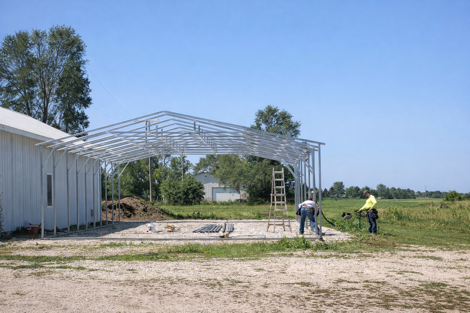 Construction workers assembling a metal building frame outdoors on a sunny day, with trees and rural landscape in the background.