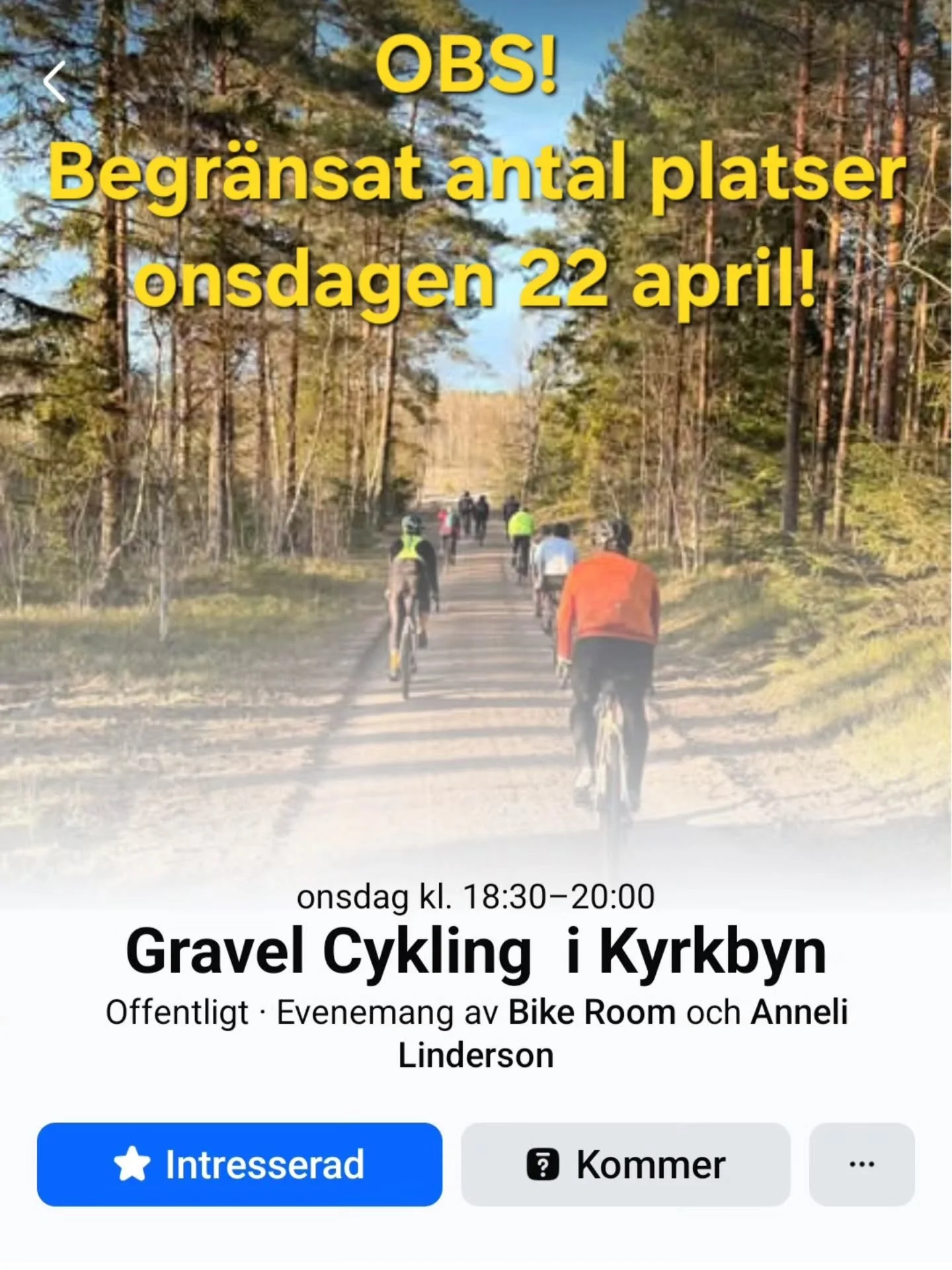 Hej och hoj! Onsdagen 22 april drar gravelgruppen ut p&aring; ett nytt &auml;ventyr. Vill du h&auml;nga med kan du anm&auml;la dig via v&aring;r Facebook-sida. Dock har vi ett begr&auml;nsat antal platser denna vecka (12 stycken) d&aring; vi endast h