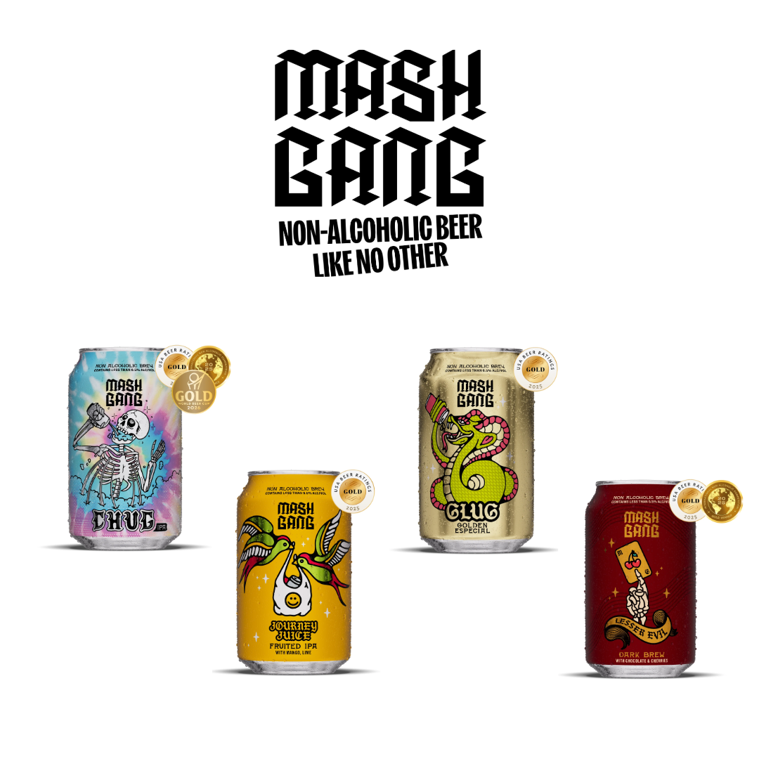 Four cans of non-alcoholic beer from the Mash Gang brand, each with distinctive colorful artwork and gold award badges, displayed against a white background. Above them is the brand name 'Mash Gang' with the tagline 'Non-Alcoholic Beer Like No Other' in black text.