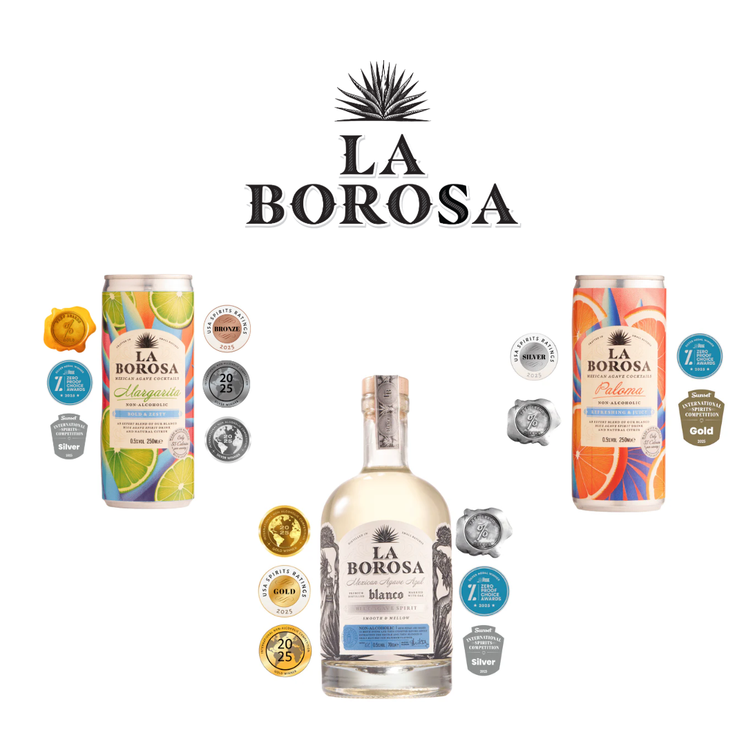 Bottle of La Borosa Mexican agave spirit surrounded by awards and two cans of La Borosa flavored non-alcoholic drinks, with a large La Borosa logo and agave plant above.