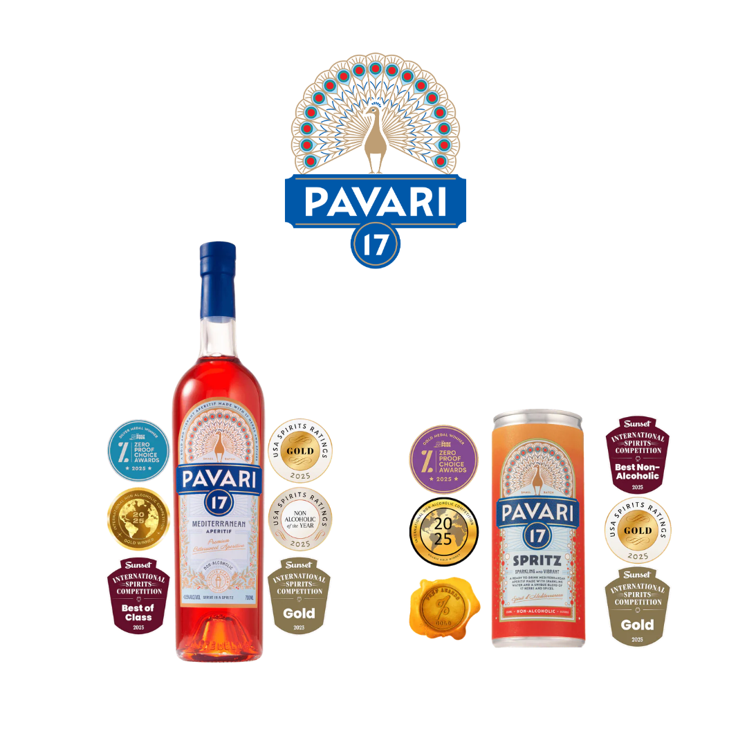 Pavari 17 Mediterranean Aperitif and Pavari 17 Sprite non-alcoholic beverage bottles with awards and medals around them, and a Pavari logo featuring a peacock at the top.