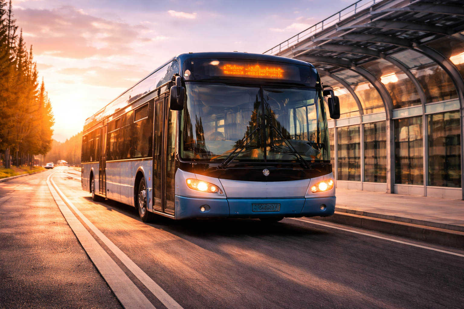 A bus driving on a city street during sunset, with a glass-covered building to the right and trees to the left.