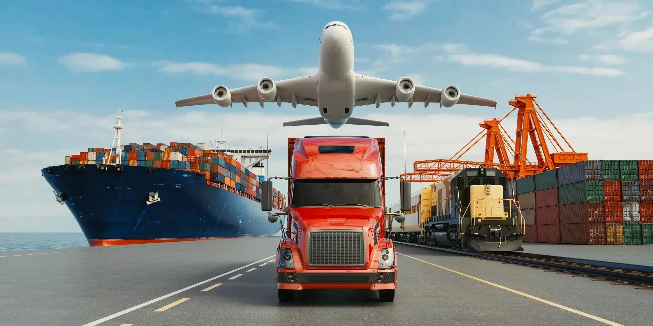A cargo truck, airplane, ship, train, and shipping containers at a port.