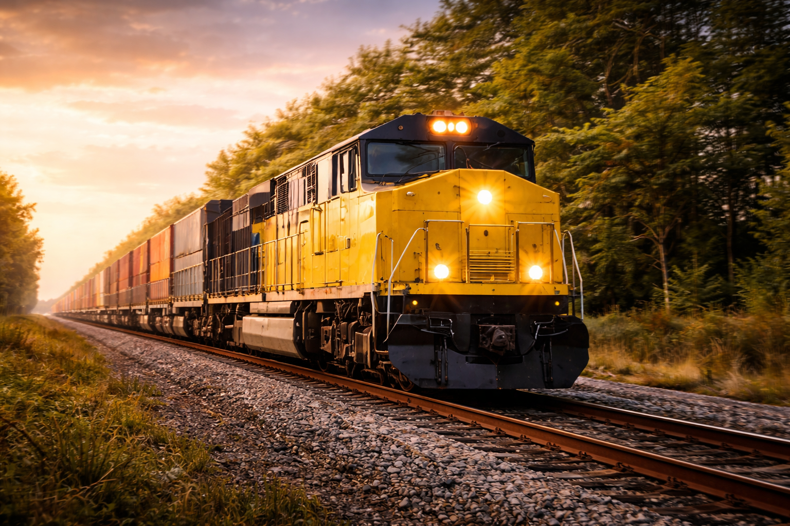 A yellow freight train traveling on a track through a green landscape at sunset.