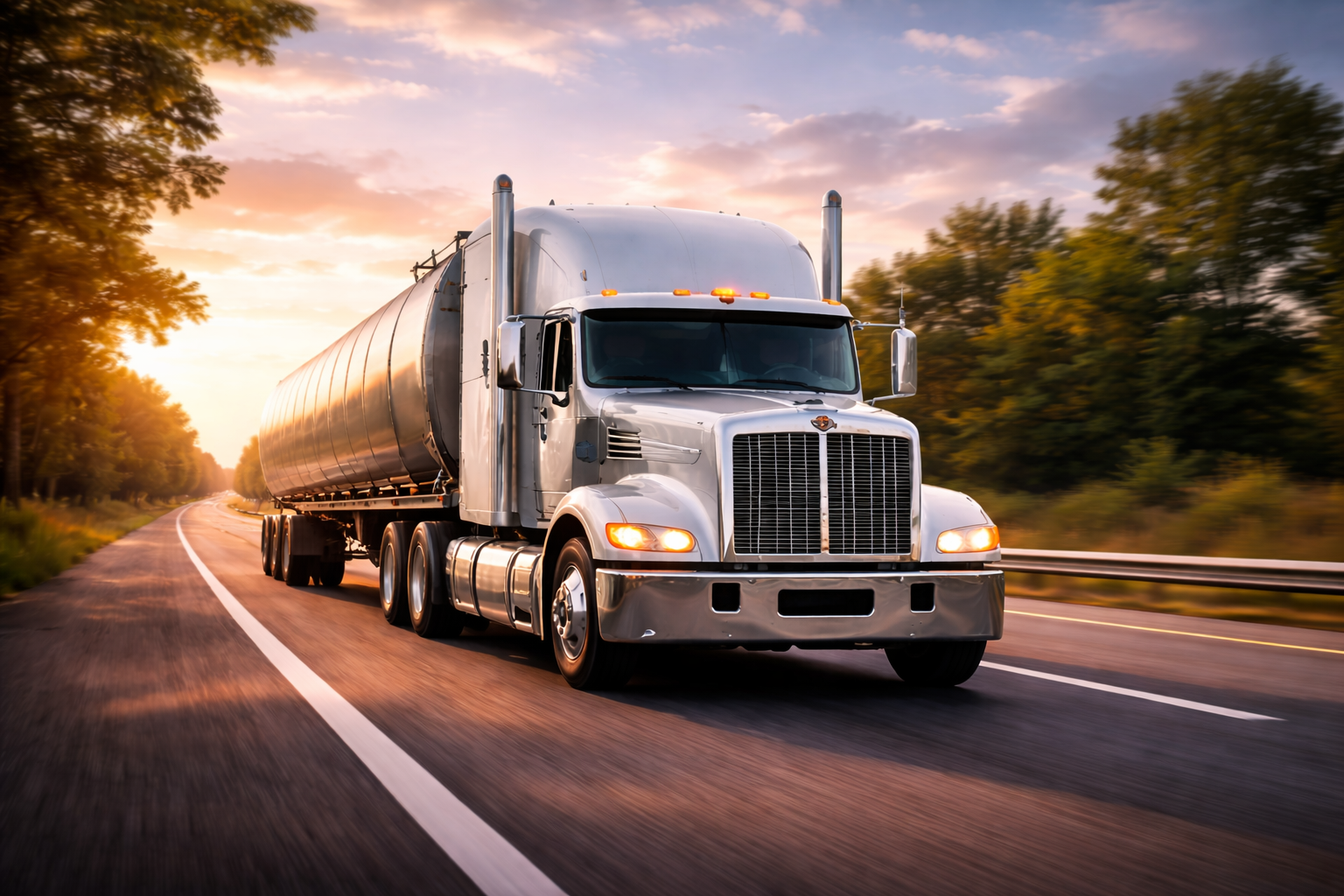 A large white semi-truck driving on a highway at sunset, with trees on both sides of the road.