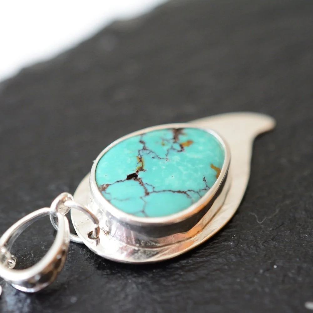 Cloud Mountain Turquoise and textured silver pendant3.jpg