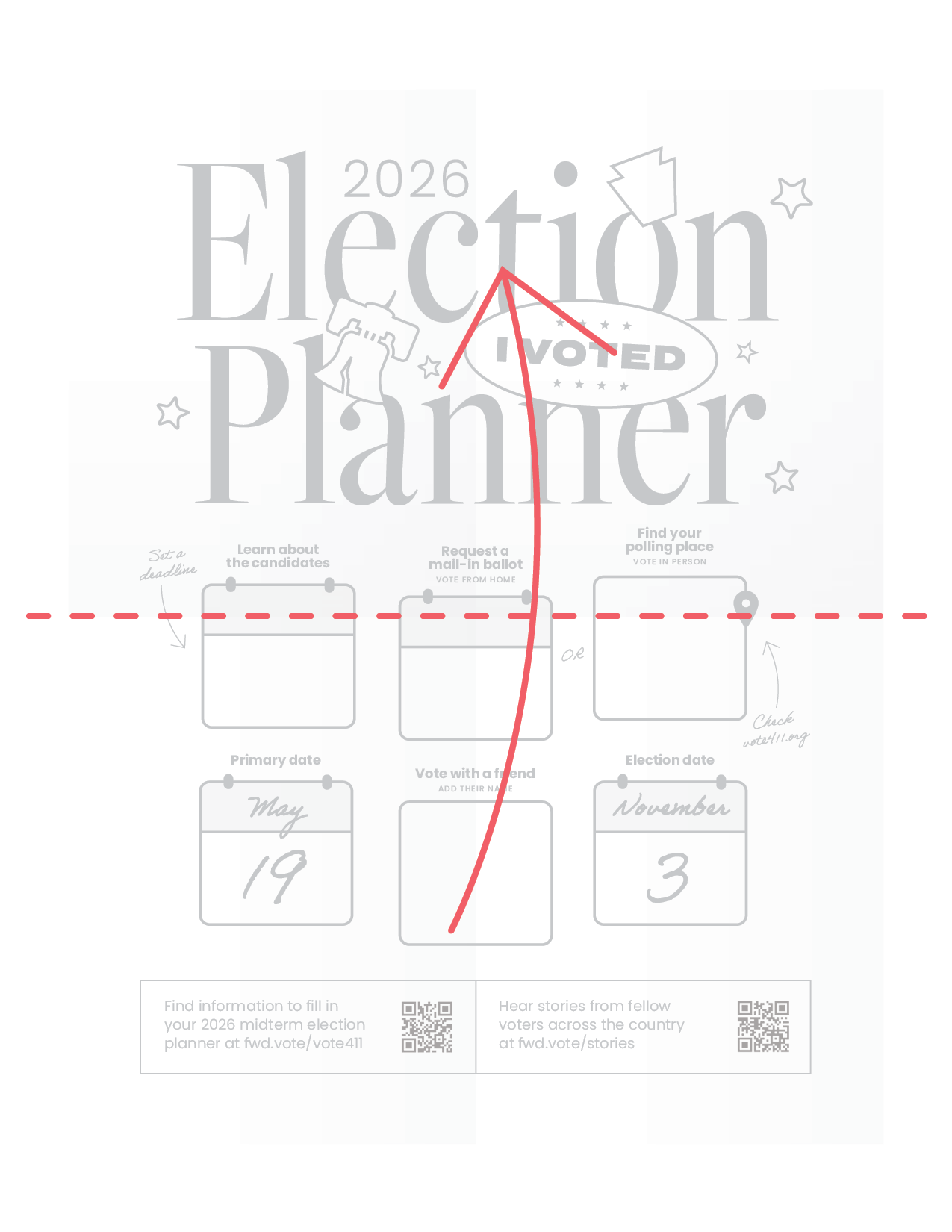 A sample image for how to fold New Voter Guides: Hamburger-style in half, then folded in half again, with the Election Planner content safely on the inside, and the portion for the recipients address on the outside.