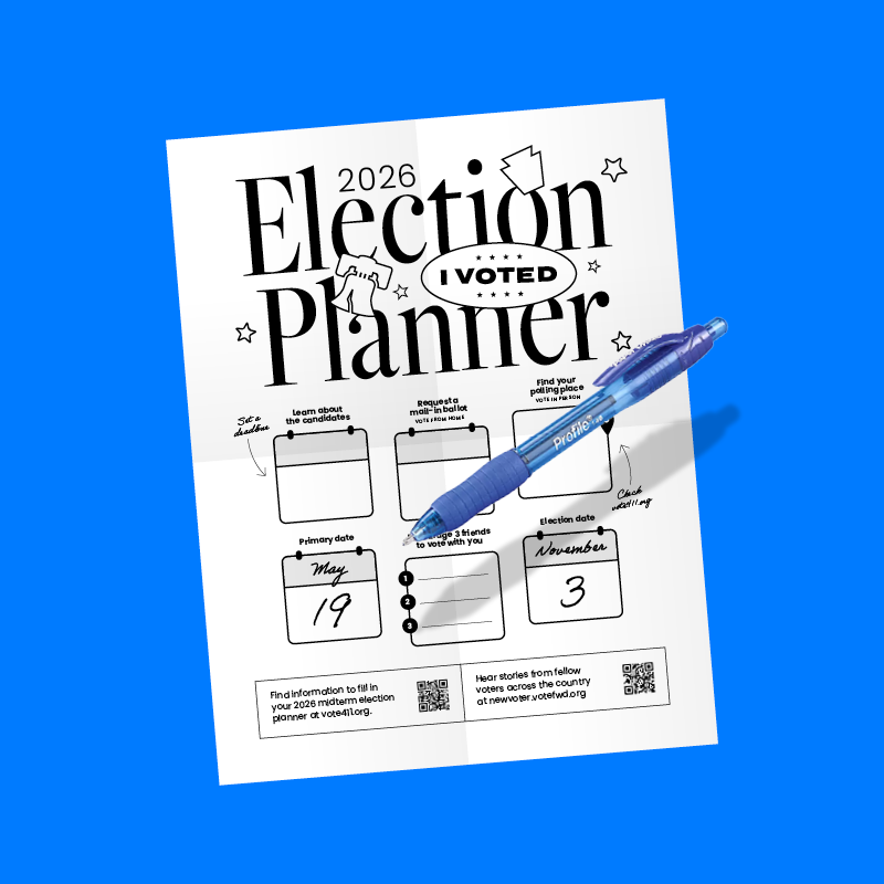 2026 Election Planner with spaces for candidate info, primary date, and election date, marked with a blue pen on a blue background.