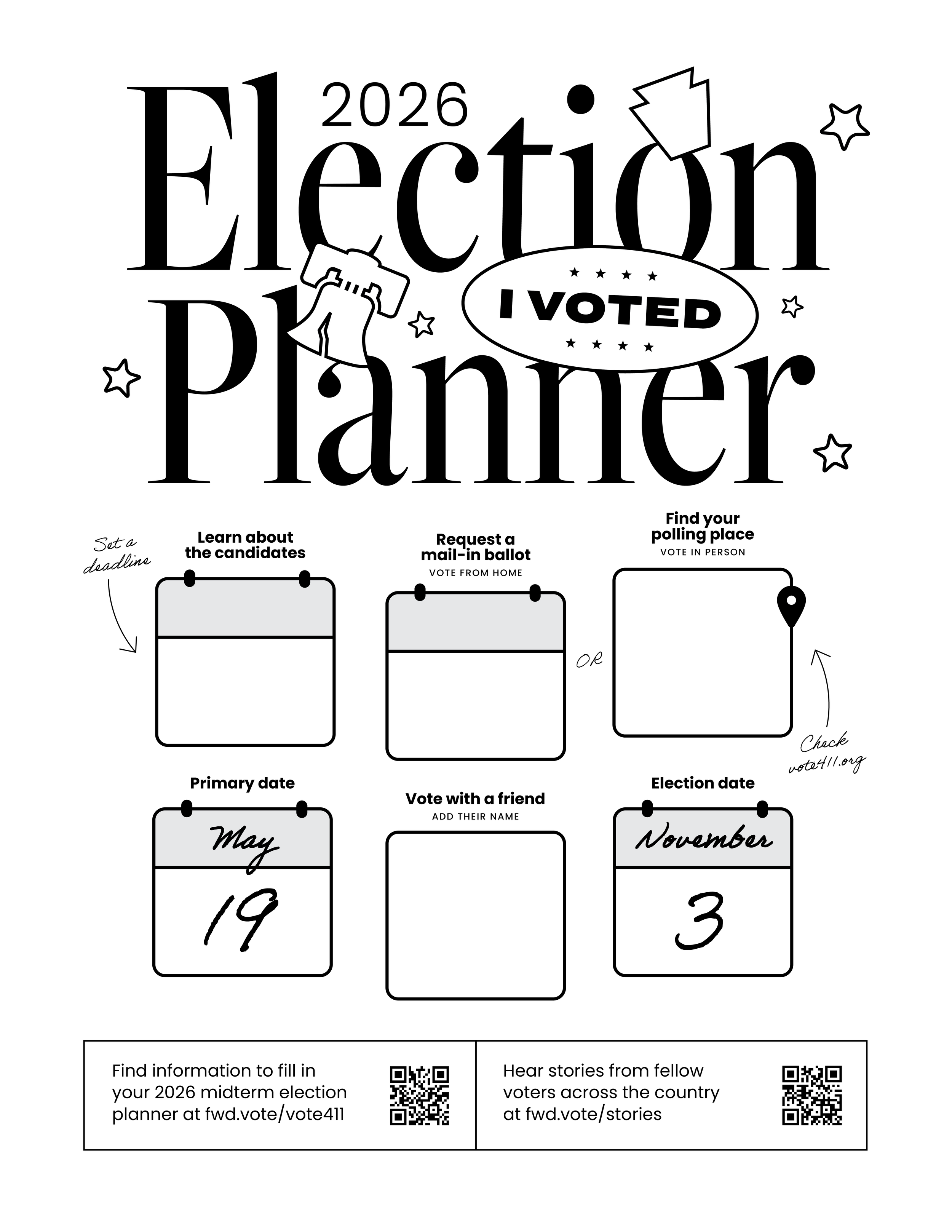 Black and white 2026 election voter planning sheet with sections for voter details, candidate info, mail-in ballot request, polling place, primary and election dates, and space for a friend's name.