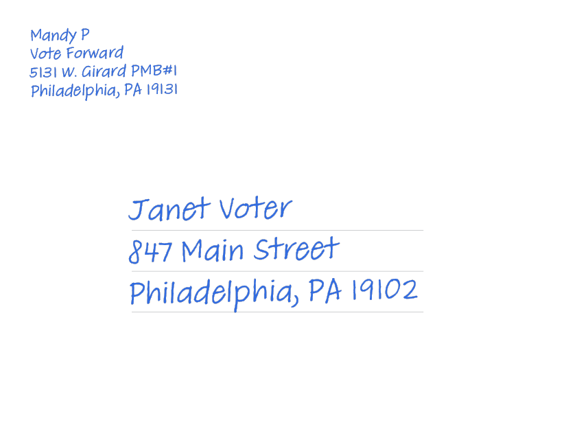 A handwritten envelope with addresses in blue ink, sending from Mandy P in Philadelphia to Janet Voter in Philadelphia.