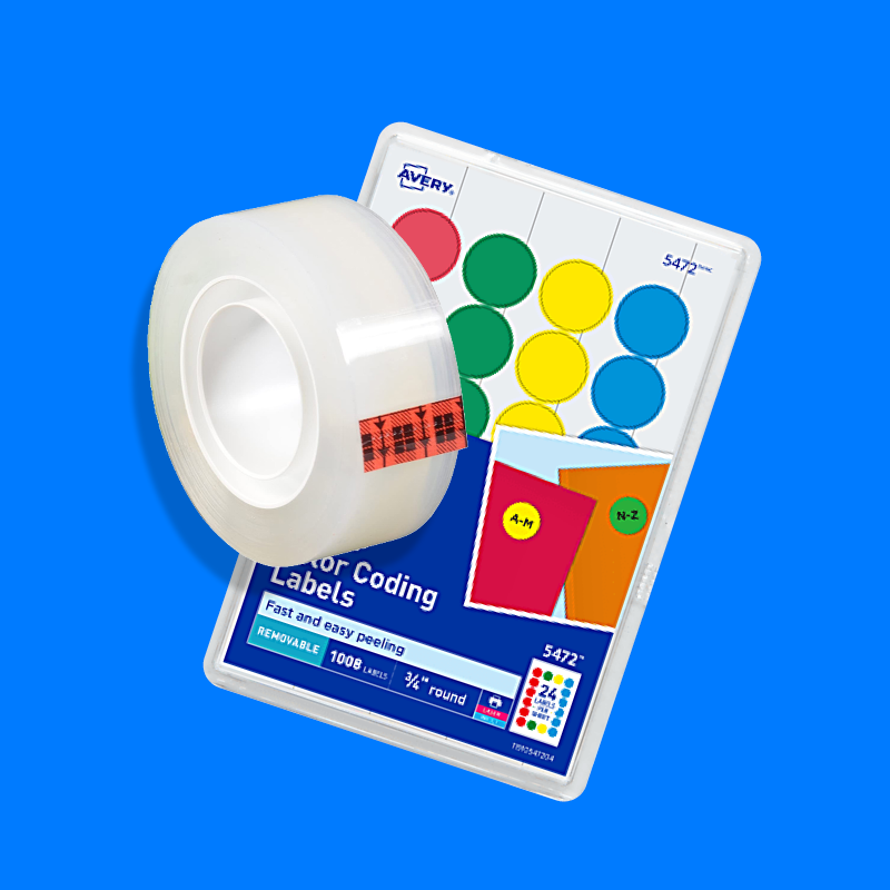 A roll of clear adhesive tape with an orange pull tab and a label, along with a pack of color-coding labels in a plastic case on a blue background.