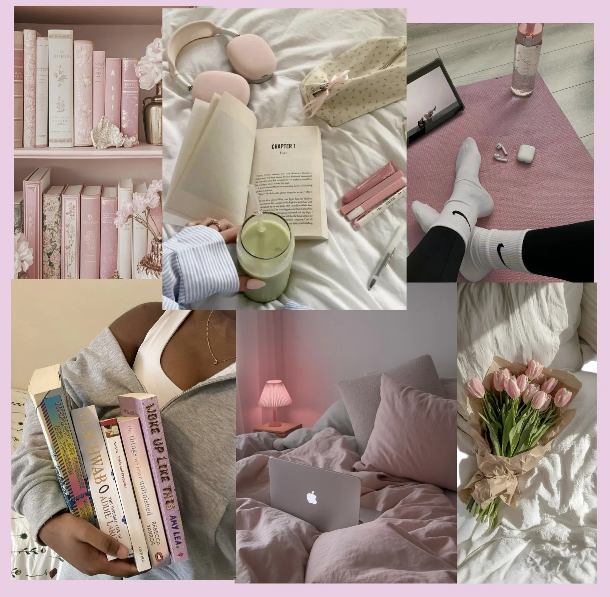 Collage of cozy bedroom and study scenes featuring pink and white tones. Includes books, a laptop, a yoga mat with water bottle, flowers, candles, and pink accessories.