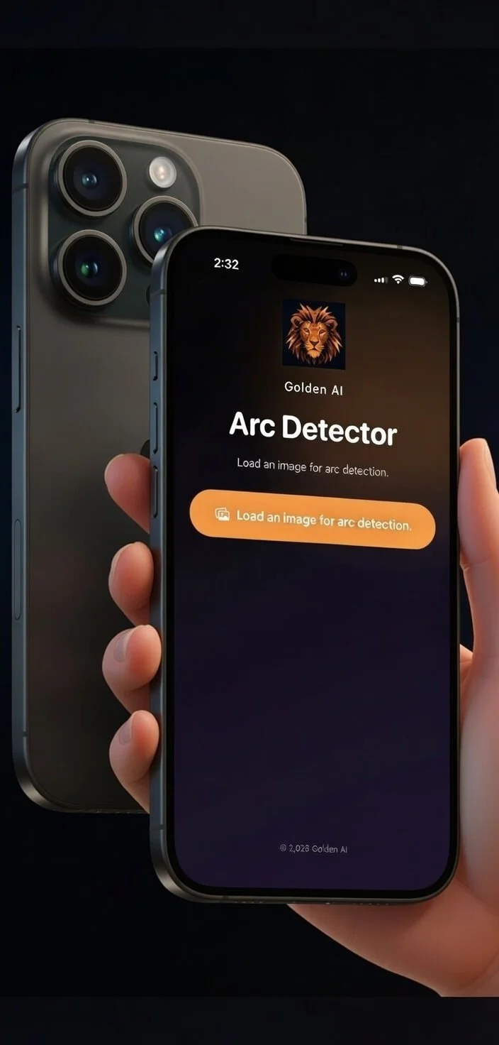 A person holding an iPhone displaying the Golden AI app with an Arc Detector screen, with a second iPhone behind showing its back with three camera lenses.