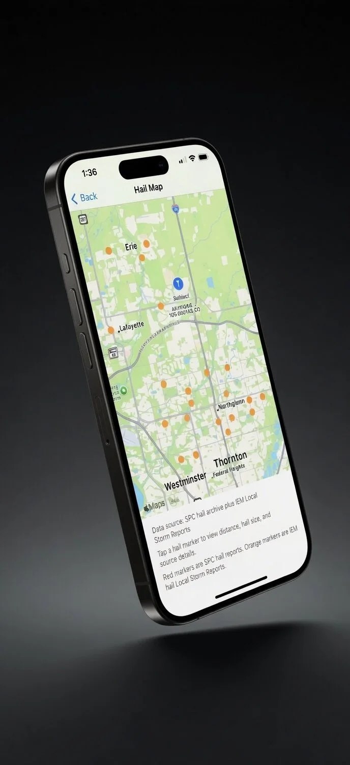 Smartphone displaying a weather app with a hail map around Erie, Pennsylvania, showing orange and yellow markings indicating hail reports.