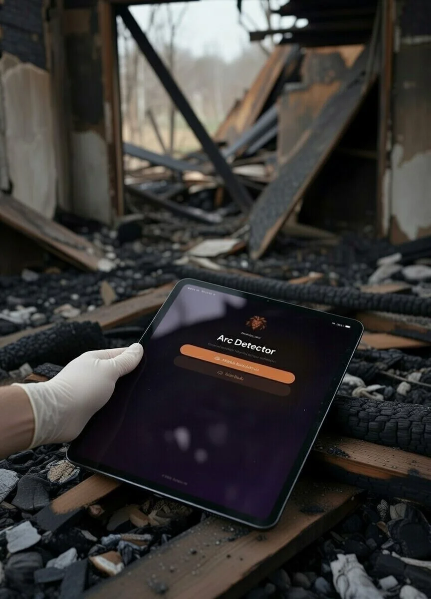 A person wearing a white glove holds a tablet with an app called Arc Detector, displaying a dark screen with orange buttons, in front of the remains of a burned building.