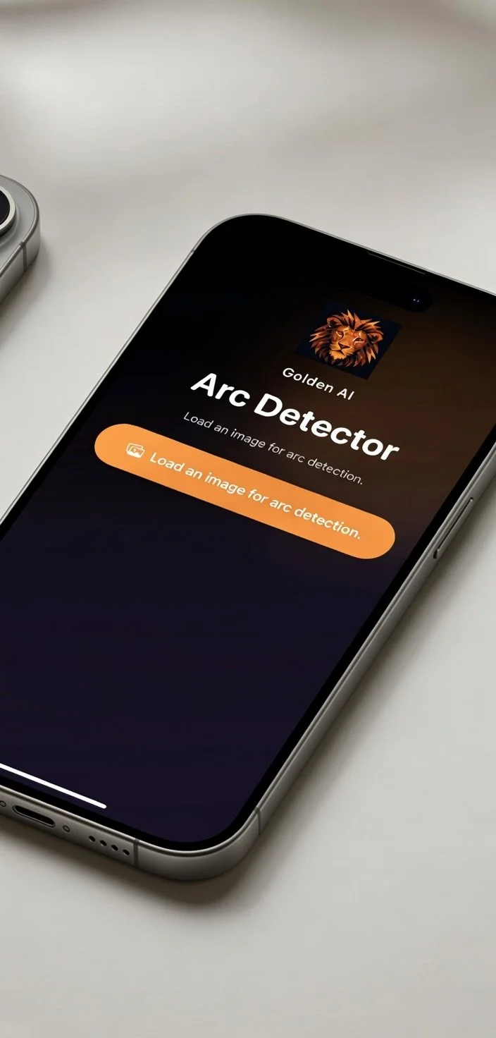 An iPhone on a white surface displaying an app called Golden AI Arc Detector with an option to load an image for arc detection.