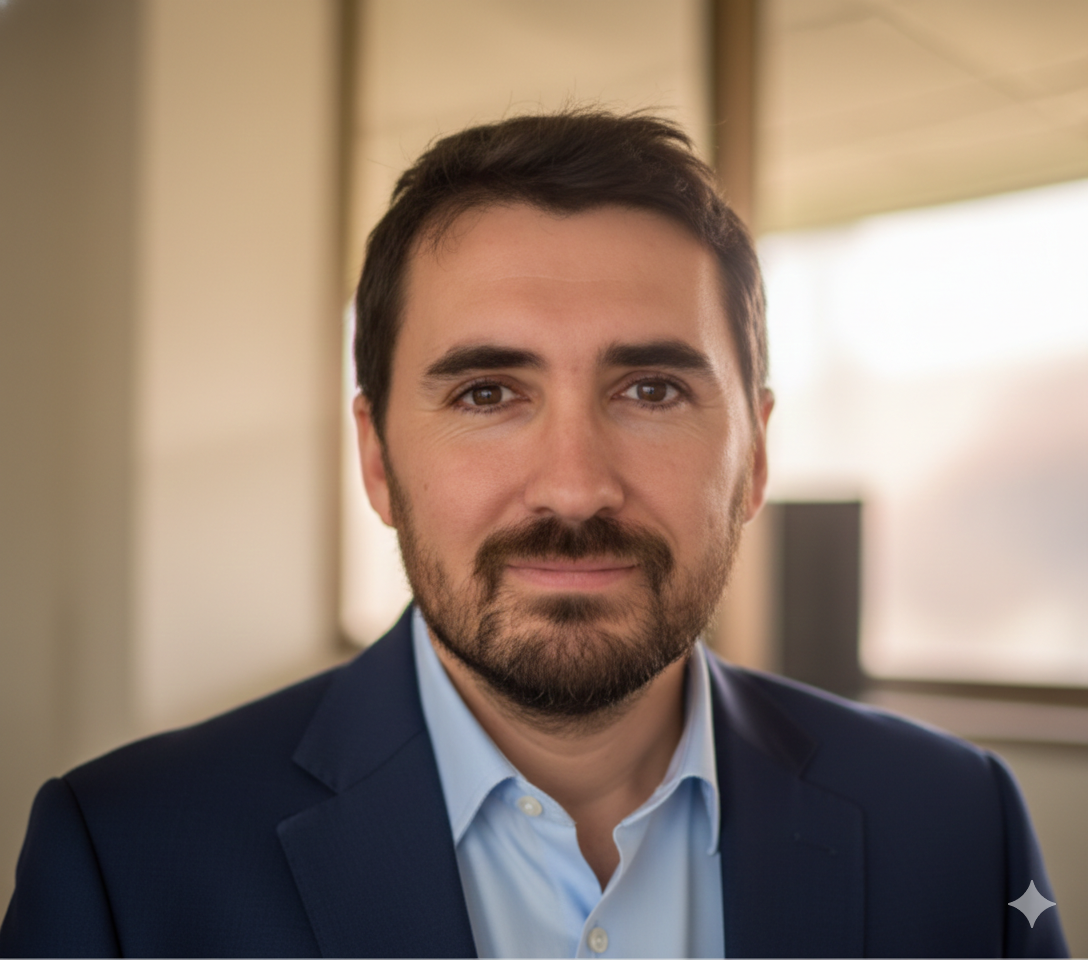Headshot of a man with dark hair and beard, wearing a navy suit and light blue shirt, smiling in an indoor setting with soft lighting.