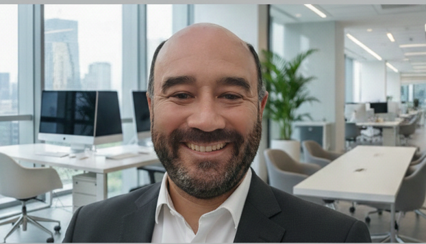 Smiling man in a suit standing in a modern office with computers and large windows.