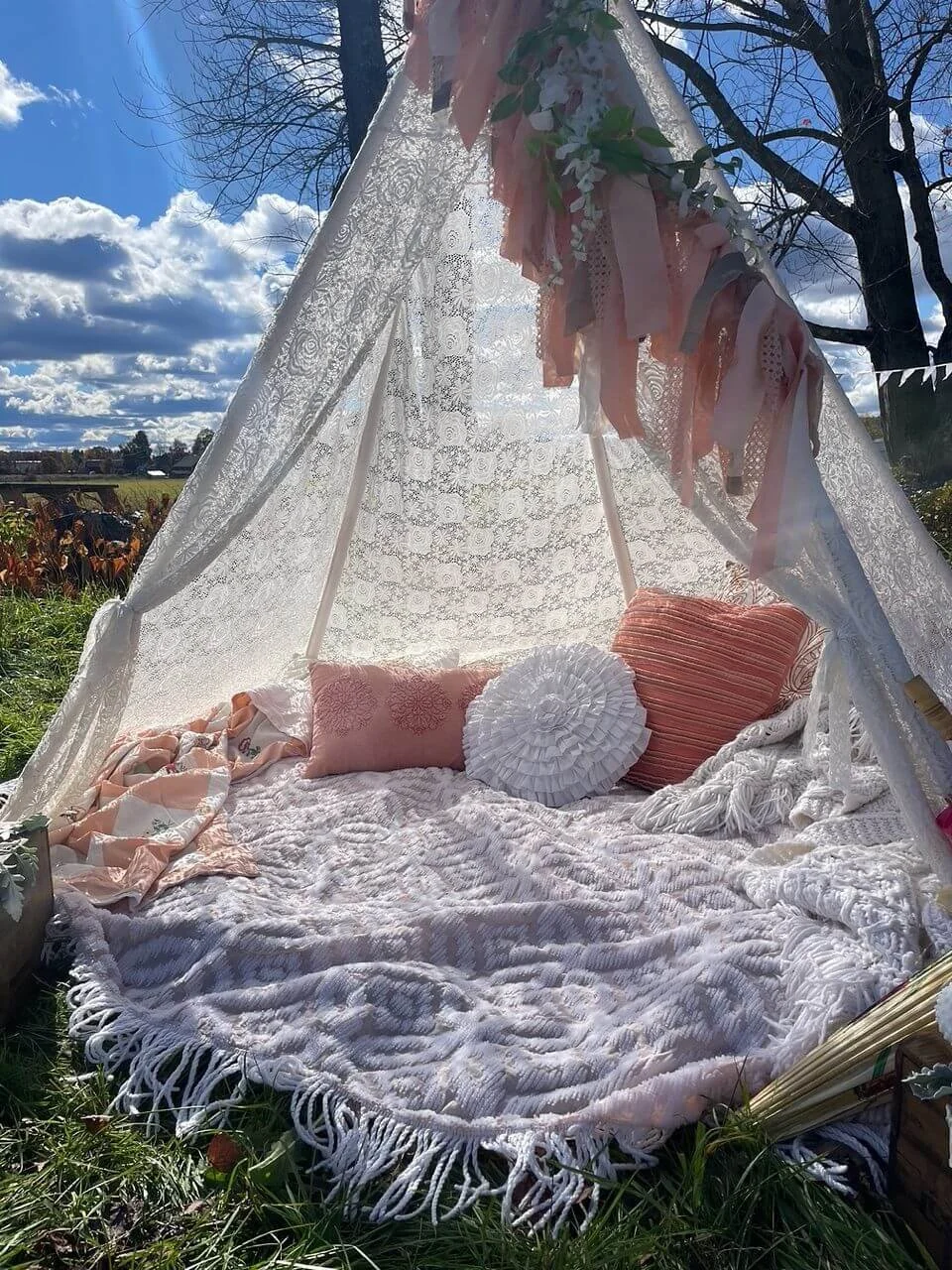 Outdoor bed setup with lace canopy, pink and white pillows, and decorative cushions, on a grassy field against a bright blue sky with clouds.