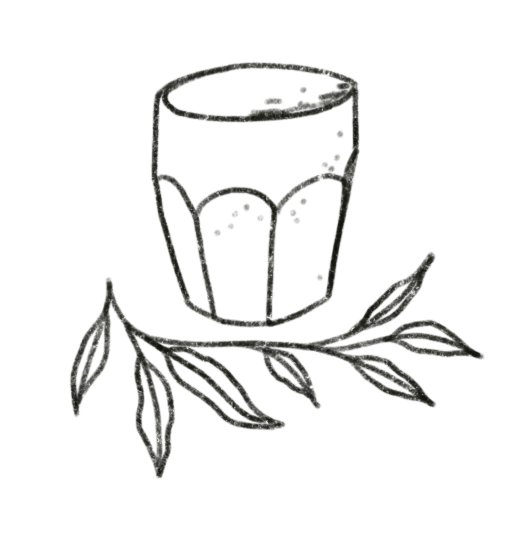 Drawing of a beverage glass with ice, placed on top of leaves.