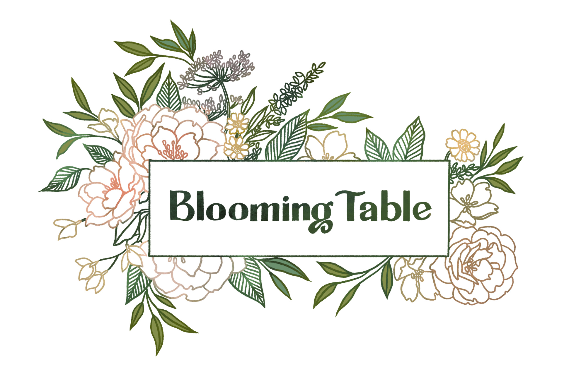 A floral arrangement featuring pink, cream, and yellow flowers with green leaves surrounding a sign that reads 'Blooming Table'.