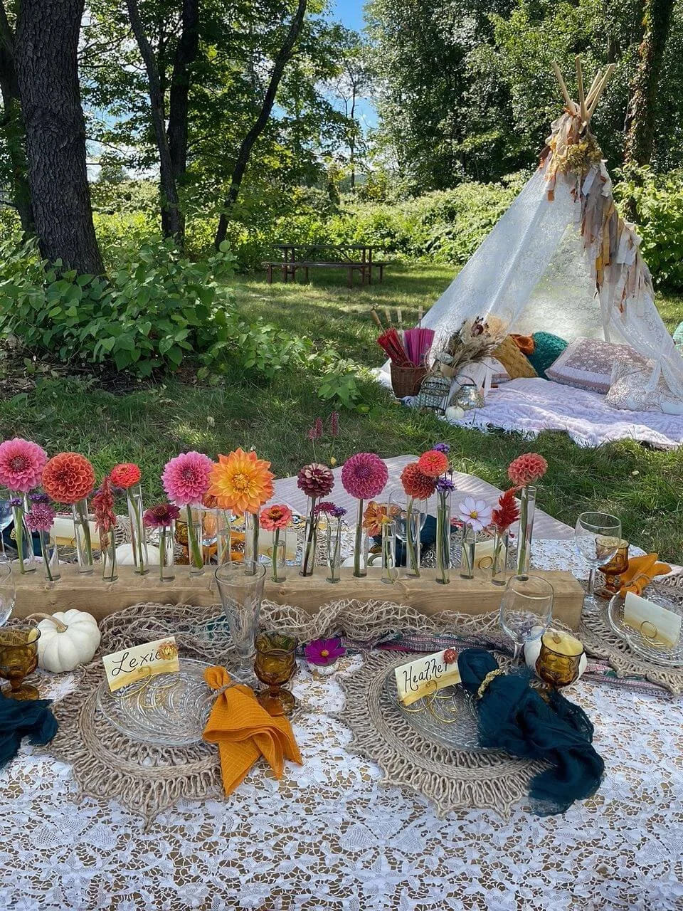 Luxury Picnic with Dahlias and Lace Tent in Lawn