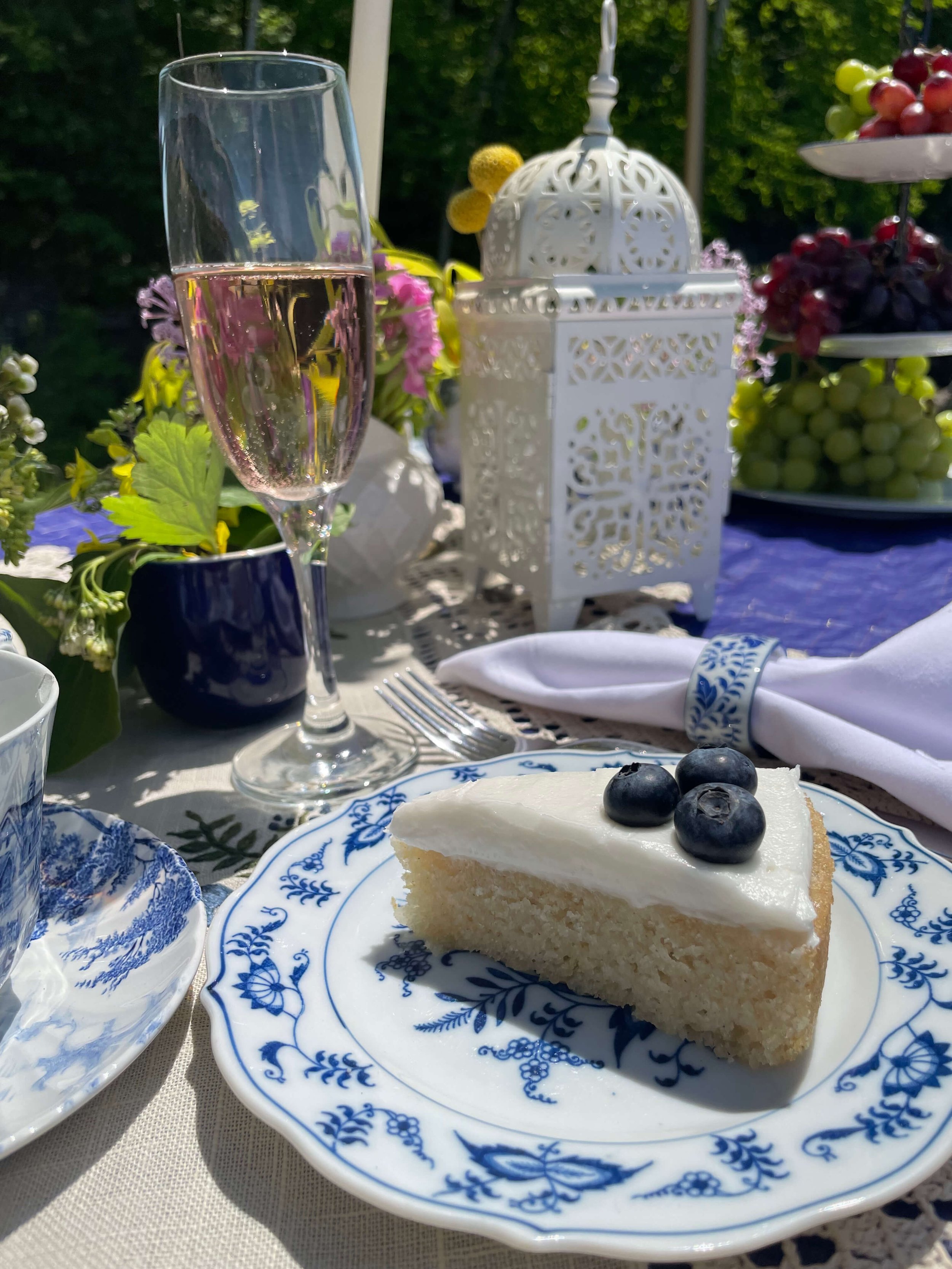 Blue and White dishes with Wine and Cake